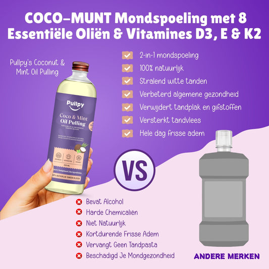 DUO COMBO Mondspoeling Oil Pulling Coco & Mint met 8 Oliën + Vitamines D3, E & K2 | Zeg vaarwel tegen tandplak, slechte adem & gevoelig tandvlees